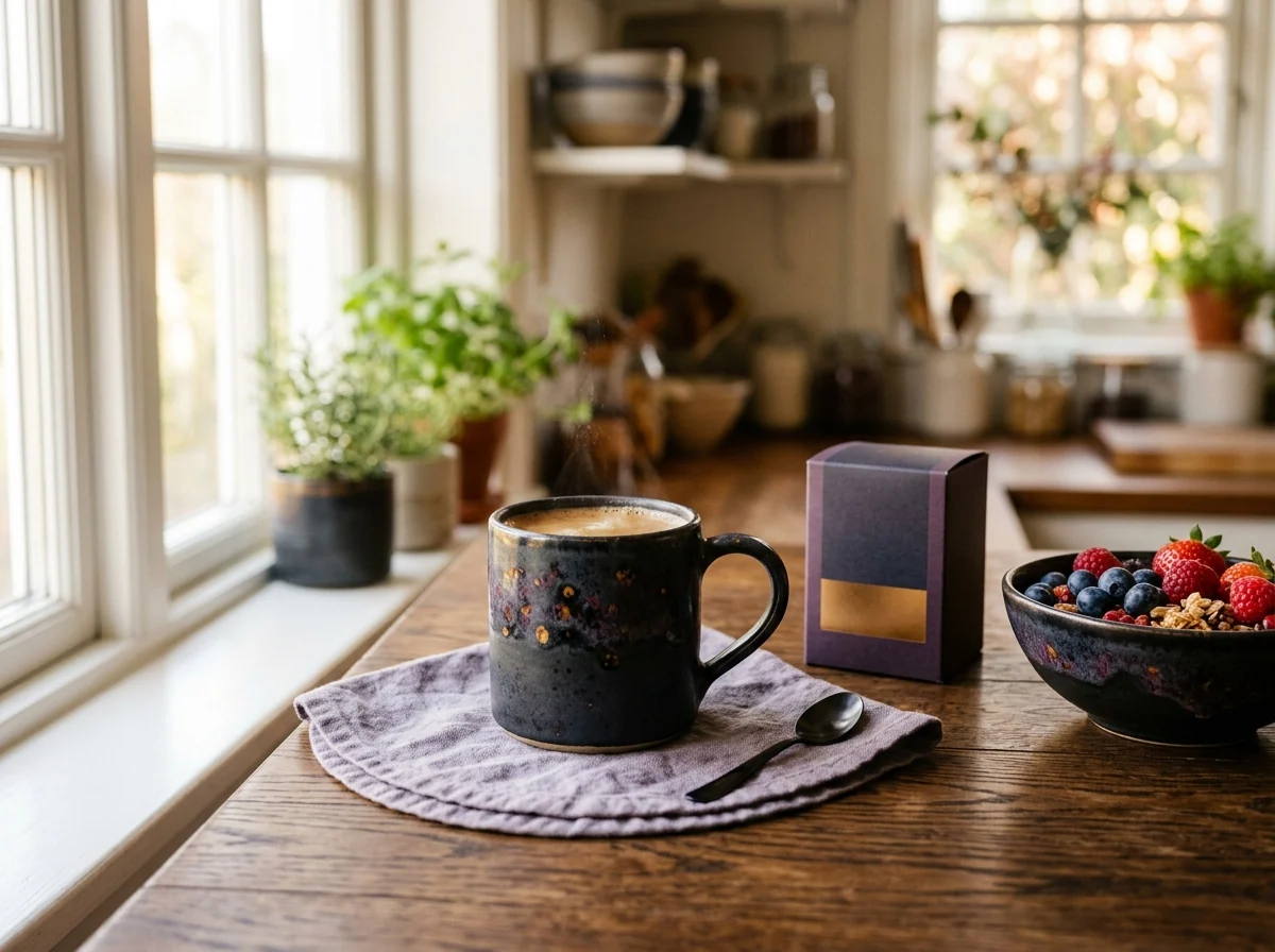 Warm morning coffee wellness routine with supplement on breakfast table