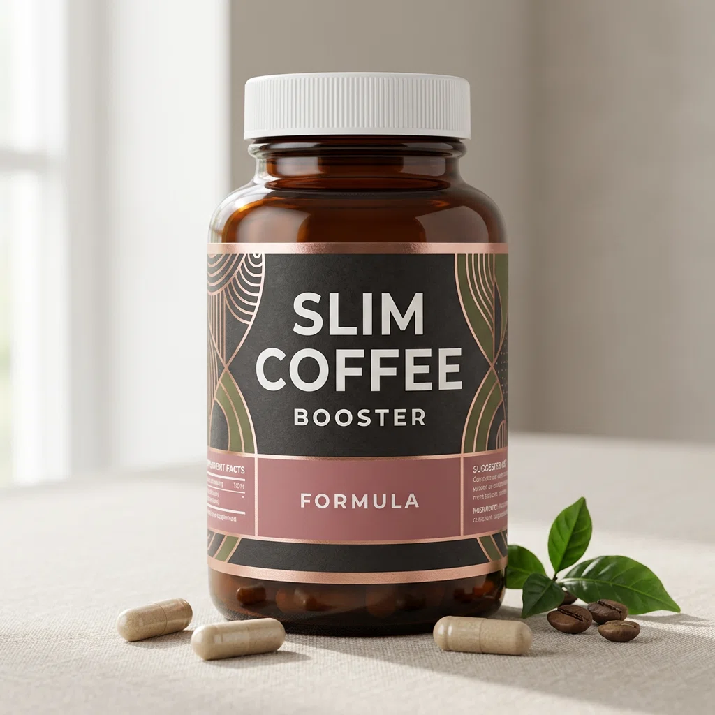 Slim Coffee Booster supplement box - dark charcoal packaging with purple and gold branding